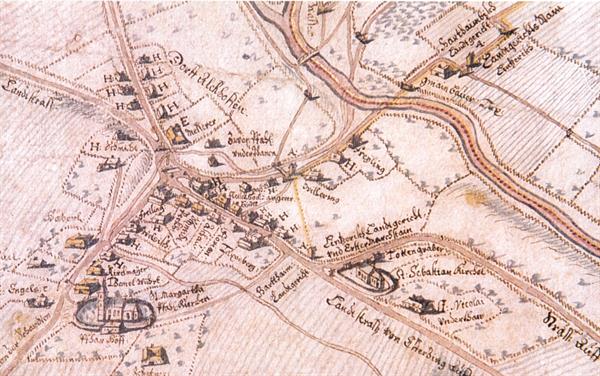 Die älteste Karte der Ortschaft  Alkoven aus dem Jahr 1670 (OÖ Landesarchiv)